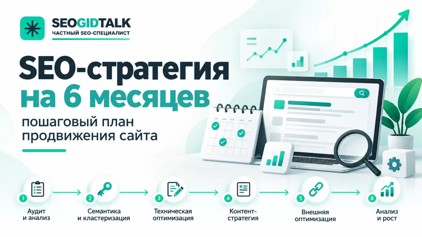 Шестимесячный план SEO-продвижения SEOGIDTALK этапы аудита, оптимизации сайта, работы с контентом и проверки поисковой видимости.