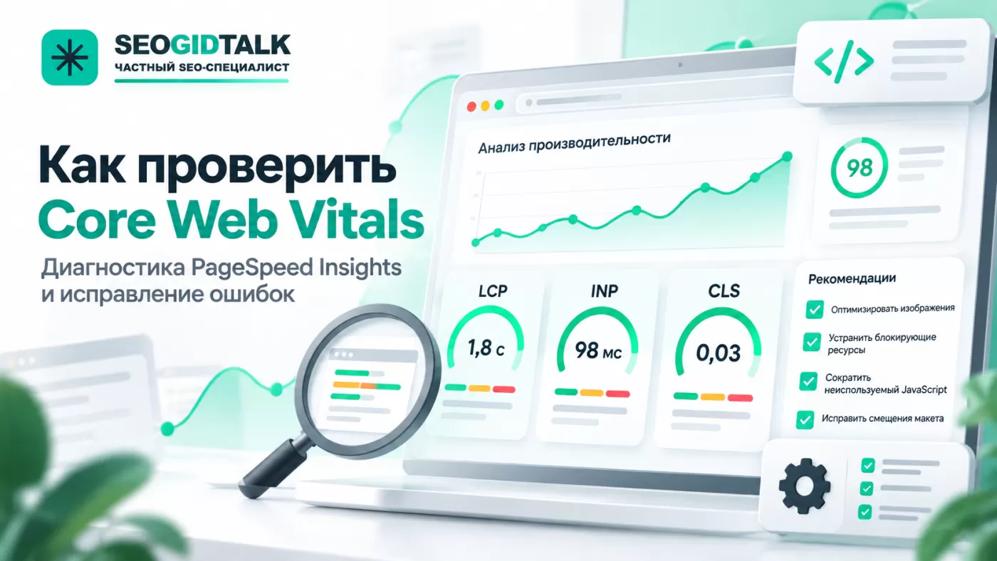 Проверка Core Web Vitals в PageSpeed Insights: показатели LCP, INP и CLS, графики загрузки и диагностика ошибок сайта.