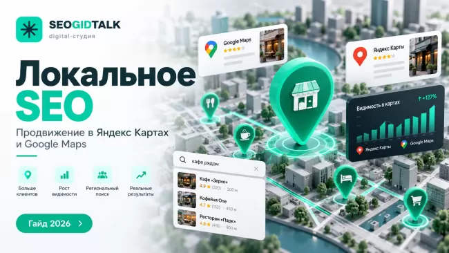 Локальное SEO в Яндексе и Google: карта города с карточками организаций, геометками, поисковыми запросами и аналитикой местного бизнеса.