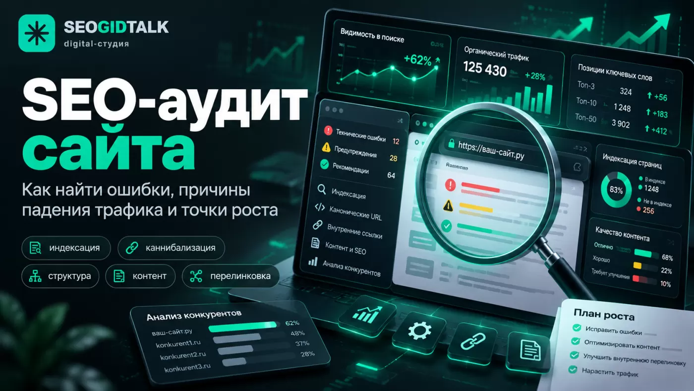 Как провести SEO-аудит сайта: проверка индексации, технических ошибок, canonical, дублей, каннибализации и контента. Примеры и план исправлений.
