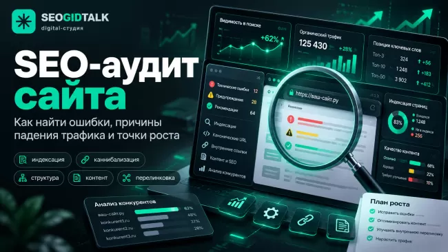 Как провести SEO-аудит сайта: проверка индексации, технических ошибок, canonical, дублей, каннибализации и контента. Примеры и план исправлений.
