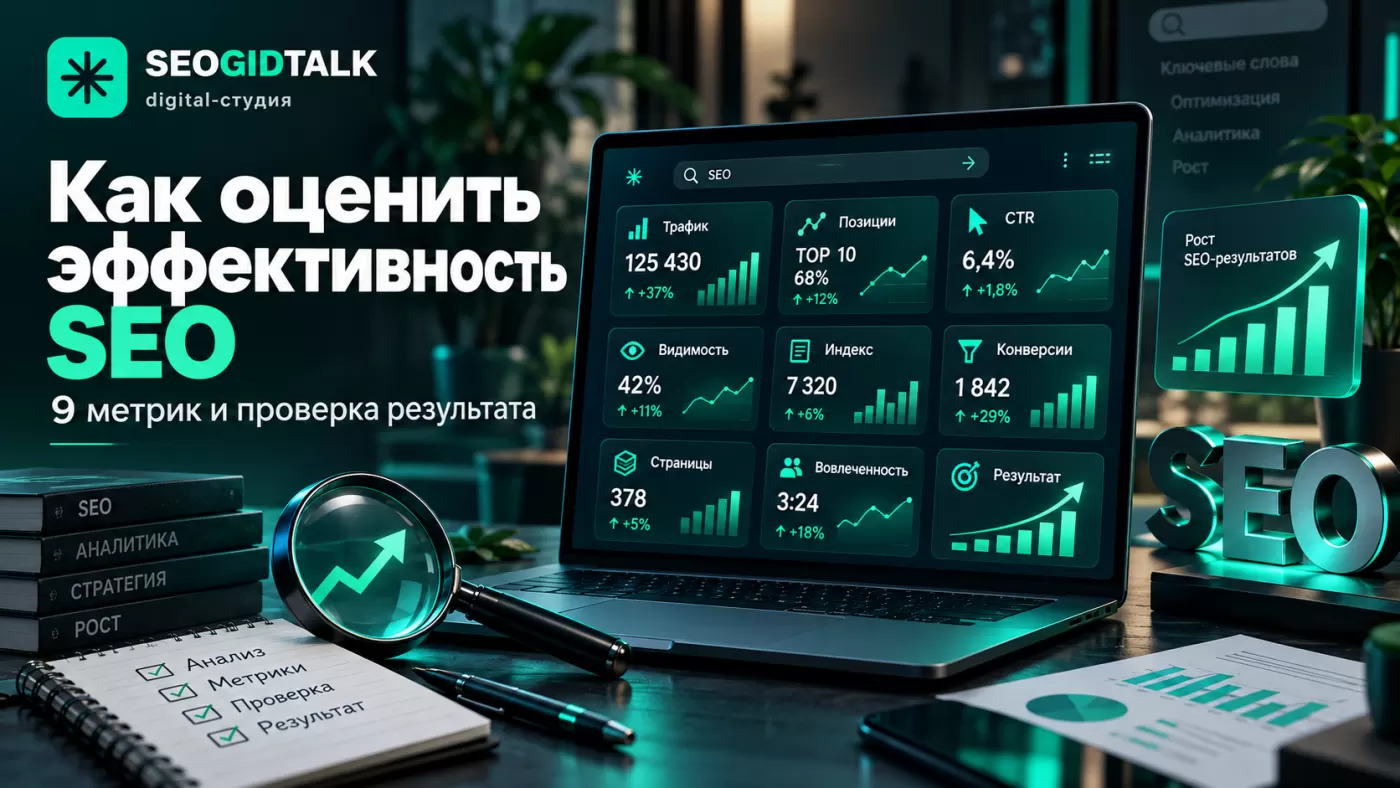 Панель SEO-аналитики с графиками органического трафика, показов, позиций, CTR и конверсий сайта.