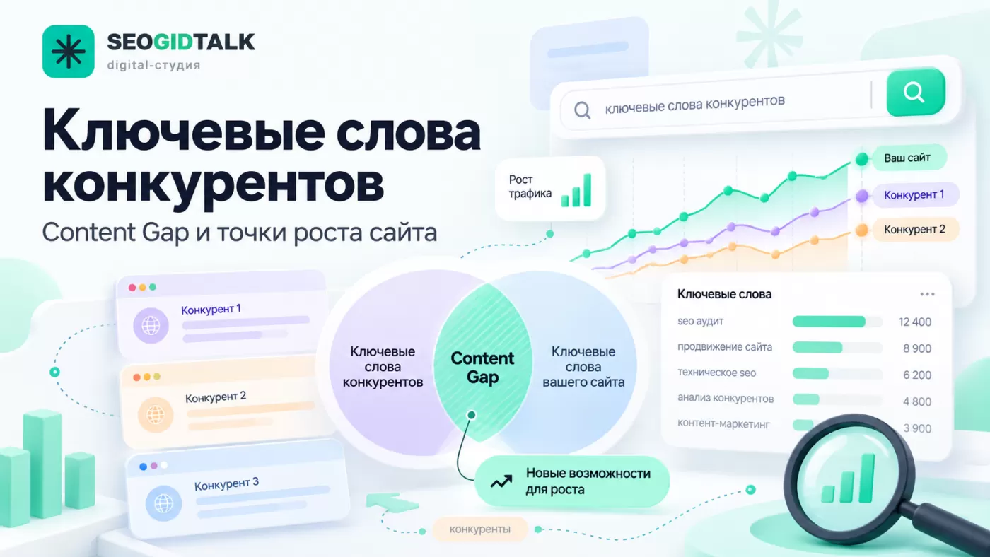 Анализ ключевых слов конкурентов сравнение позиций сайтов, поисковых кластеров и упущенных запросов Content Gap