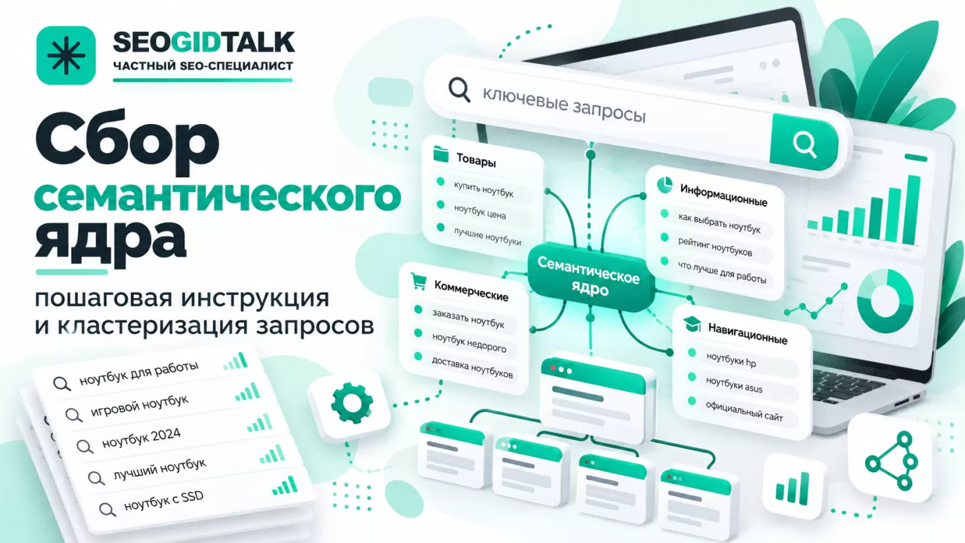 Схема сбора семантического ядра SEOGIDTALK: поисковые запросы, тематические кластеры, страницы сайта и связи между ними.