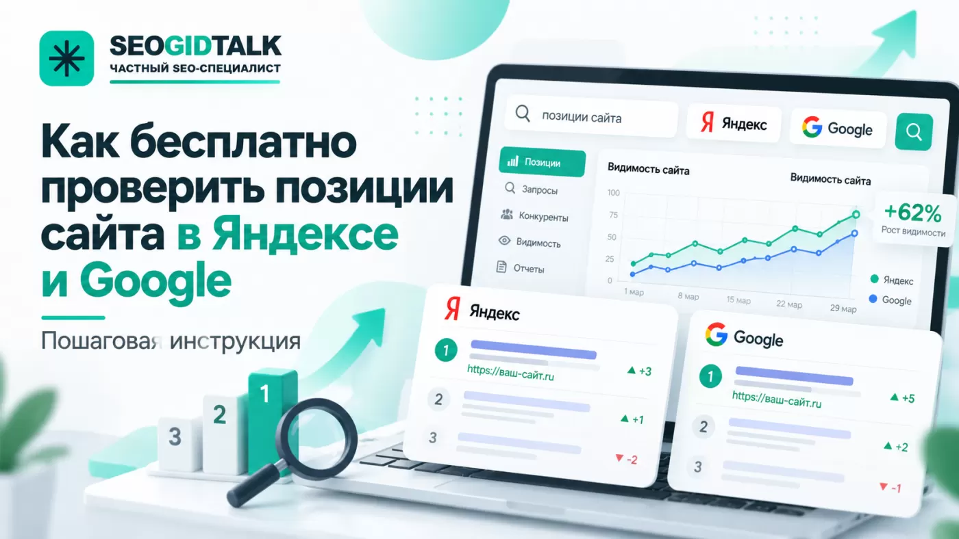 Панель проверки позиций сайта в Яндексе и Google с таблицей поисковых запросов, найденными URL и графиком изменения позиций.