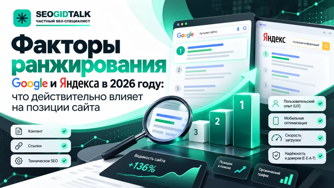 Схема факторов ранжирования Google и Яндекса: релевантность, качество контента, ссылки, техническая оптимизация и поисковая аналитика.