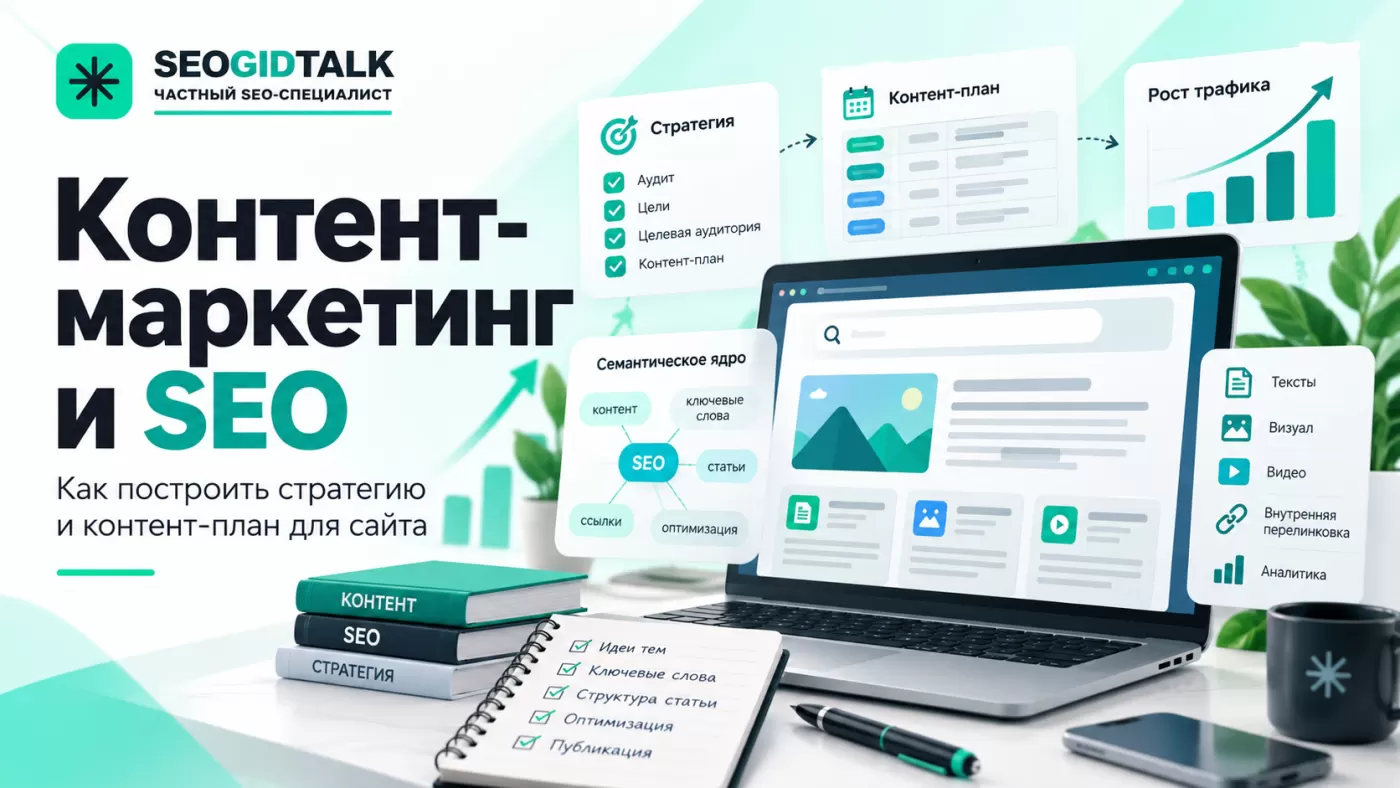Схема контент-стратегии SEOGIDTALK: тематические кластеры, план публикаций, поисковая аналитика и путь читателя от статьи к целевому действию.