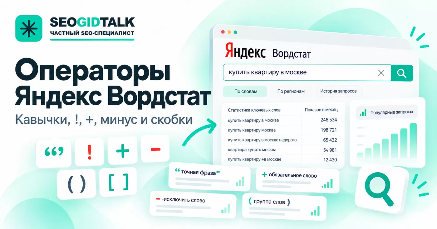 Операторы Яндекс Вордстата — кавычки, восклицательный знак, плюс, минус и скобки для проверки частотности.