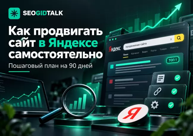 Иллюстрация SEOGIDTALK о самостоятельном продвижении сайта в Яндексе: поисковая выдача, SEO-аналитика, рост позиций и пошаговый план на 90 дней.
