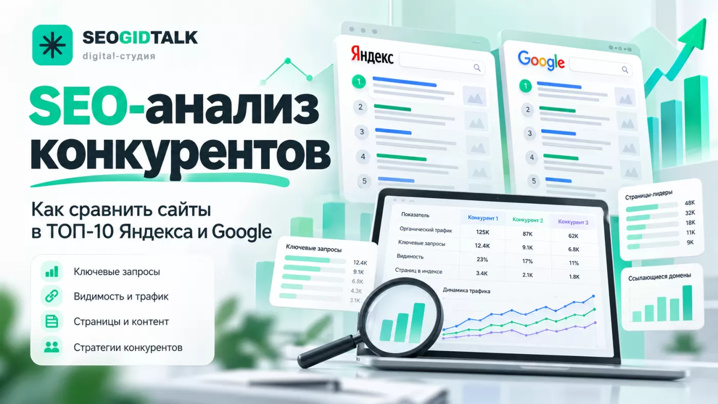 SEO-анализ конкурентов в Яндексе и Google сравнение страниц ТОП-10, поисковых запросов, структуры сайтов и таблица SEO-показателей.