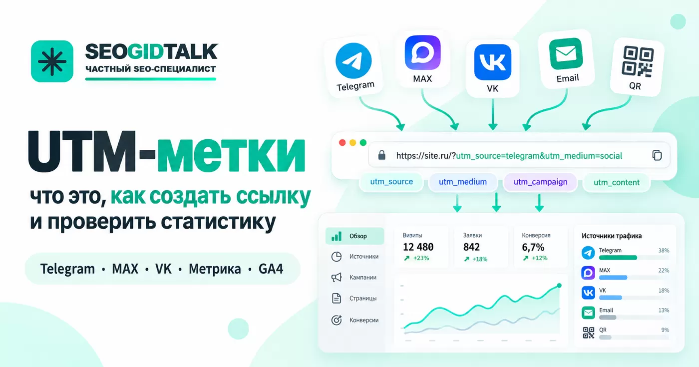 UTM-метки: создание ссылки с параметрами utm_source, utm_medium и utm_campaign, отслеживание переходов в Яндекс Метрике и Google Analytics.