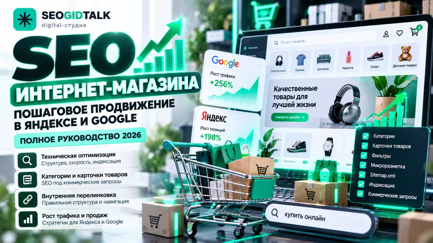 SEO-продвижение интернет-магазина в Яндексе и Google структура каталога, карточки товаров, поисковые запросы, аналитика и рост органической видимости.