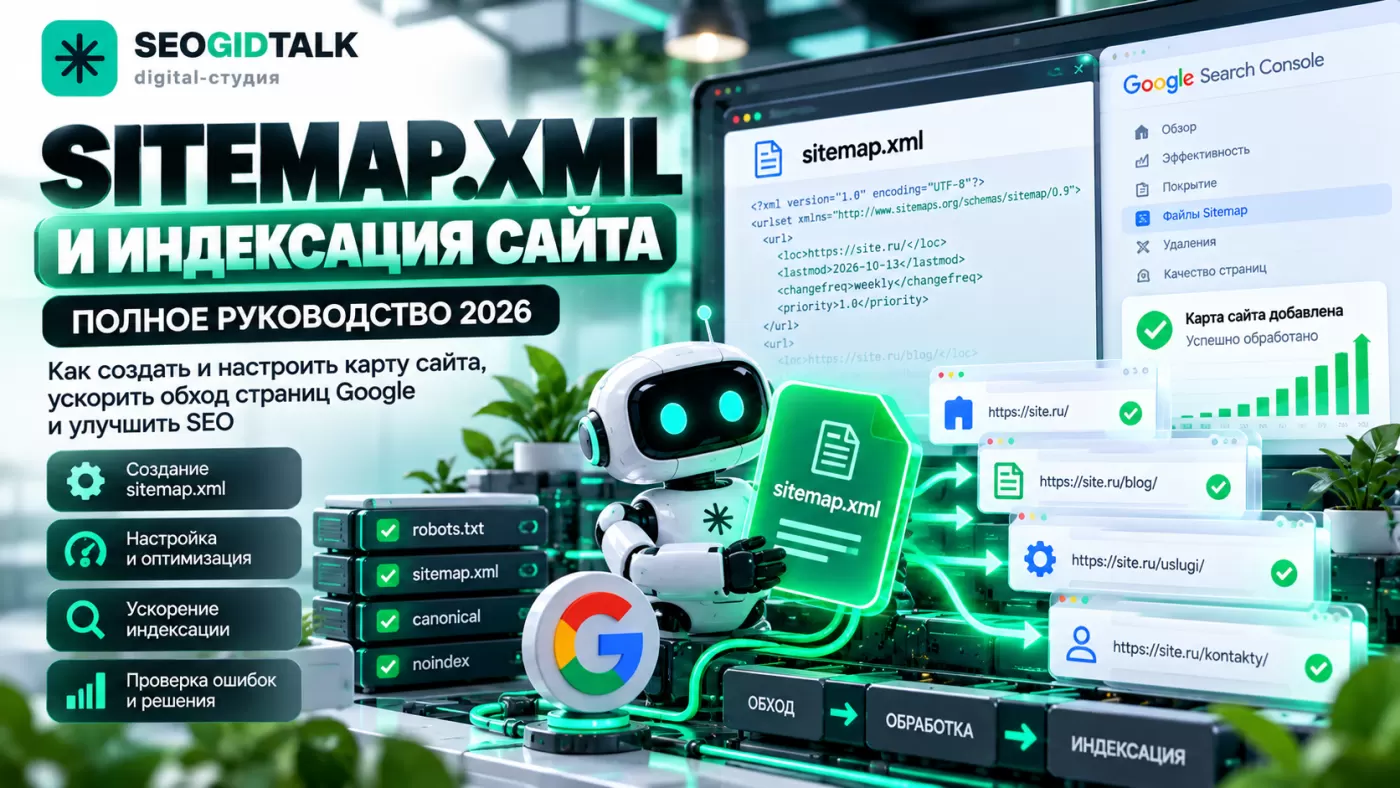 Карта сайта sitemap.xml структура XML со списком страниц, проверка URL и передача карты в Google Search Console и Яндекс Вебмастер.
