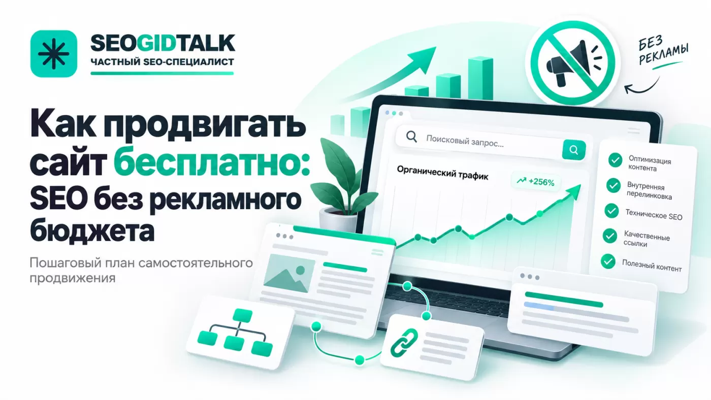 Пошаговая схема бесплатного SEO-продвижения: проверка сайта, поисковые запросы, оптимизация страниц и график органического трафика.