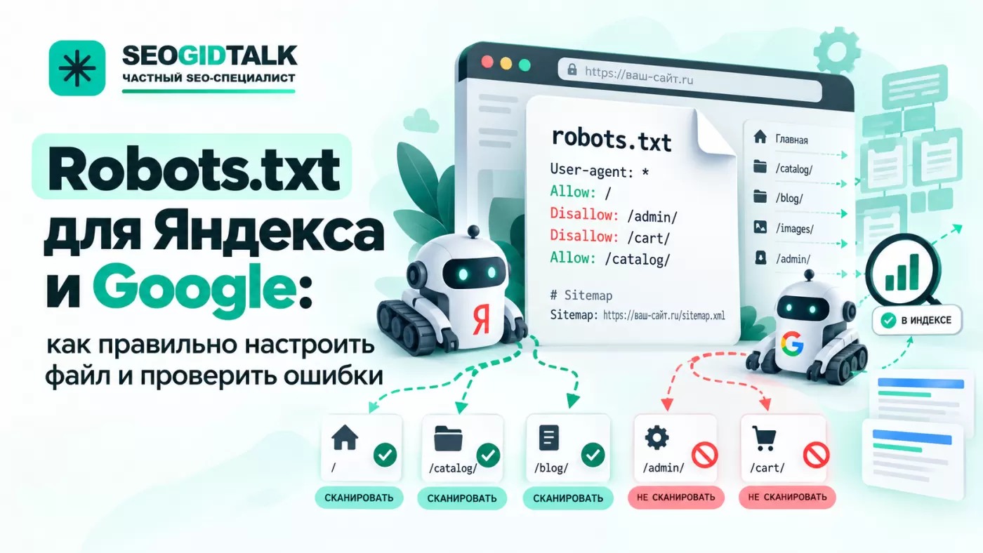 Схема проверки robots.txt: директивы Allow и Disallow, доступ поисковых роботов Google и Яндекса к страницам сайта.