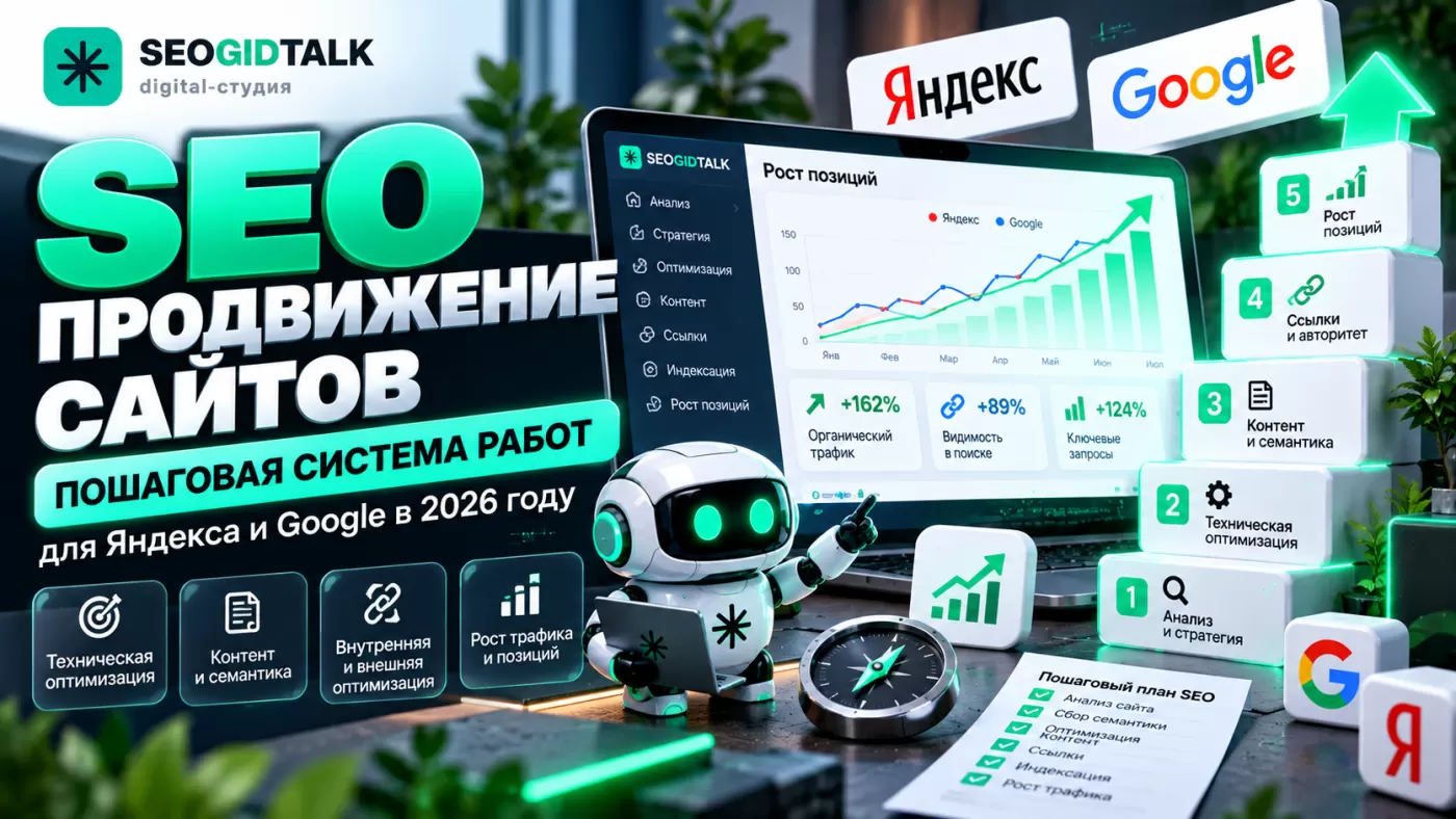 SEO-продвижение сайта в Яндексе и Google схема анализа поисковых запросов, технической оптимизации, контента, перелинковки и органического трафика.